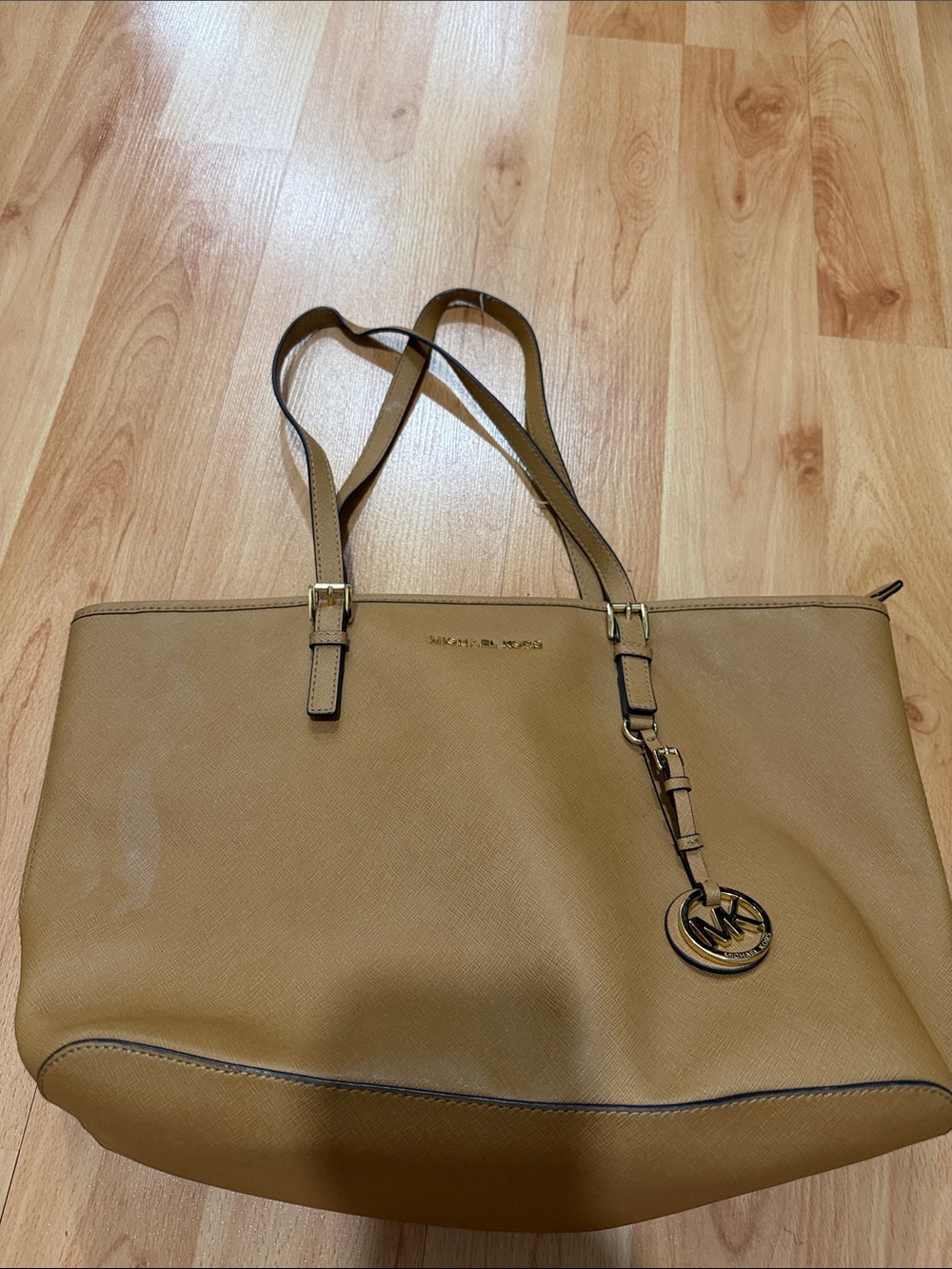 Michael Kors Camel Saffiano Leather Tote with MK Pendant